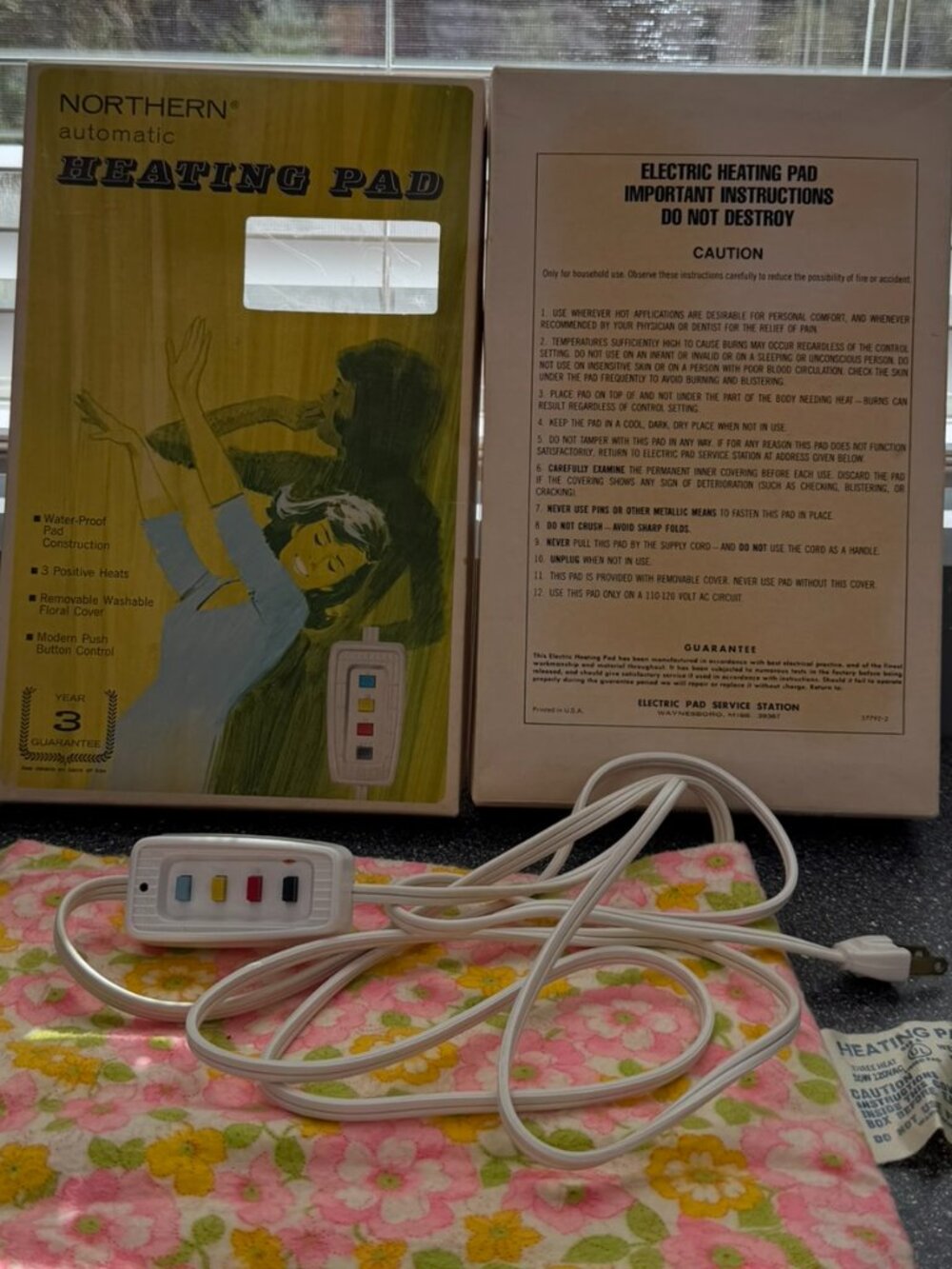Vintage Northern Automatic Heating Pad Floral Cover Original Box Untested Retro